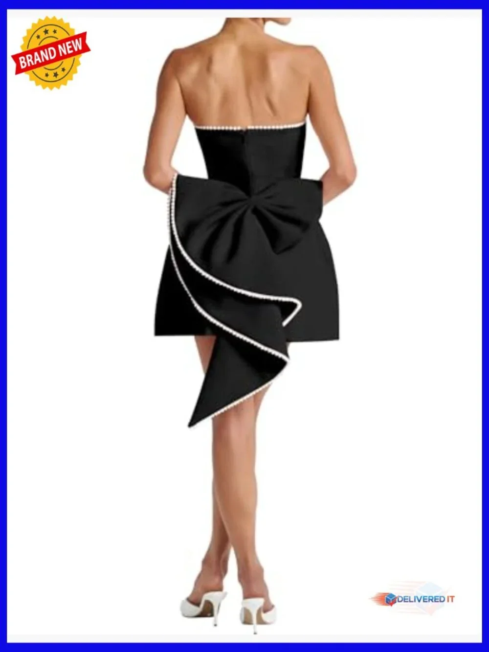 Strapless A-Line Mini Dress with Pearl Bow, Sleeveless Backless Summer Party - Picture 5 of 7